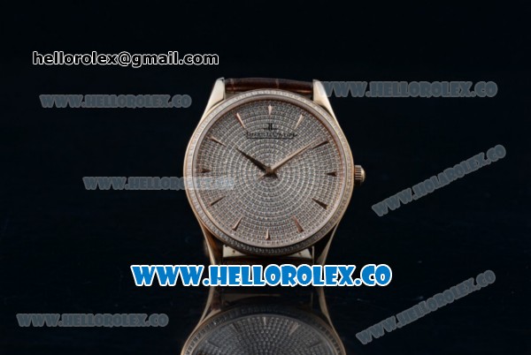 Jaeger-LECoultre Master Grande Ultra Thin Miyota 9015 Automatic Rose Gold Case with Diamonds Dial Stick Markers and Brown Leather Strap - Click Image to Close